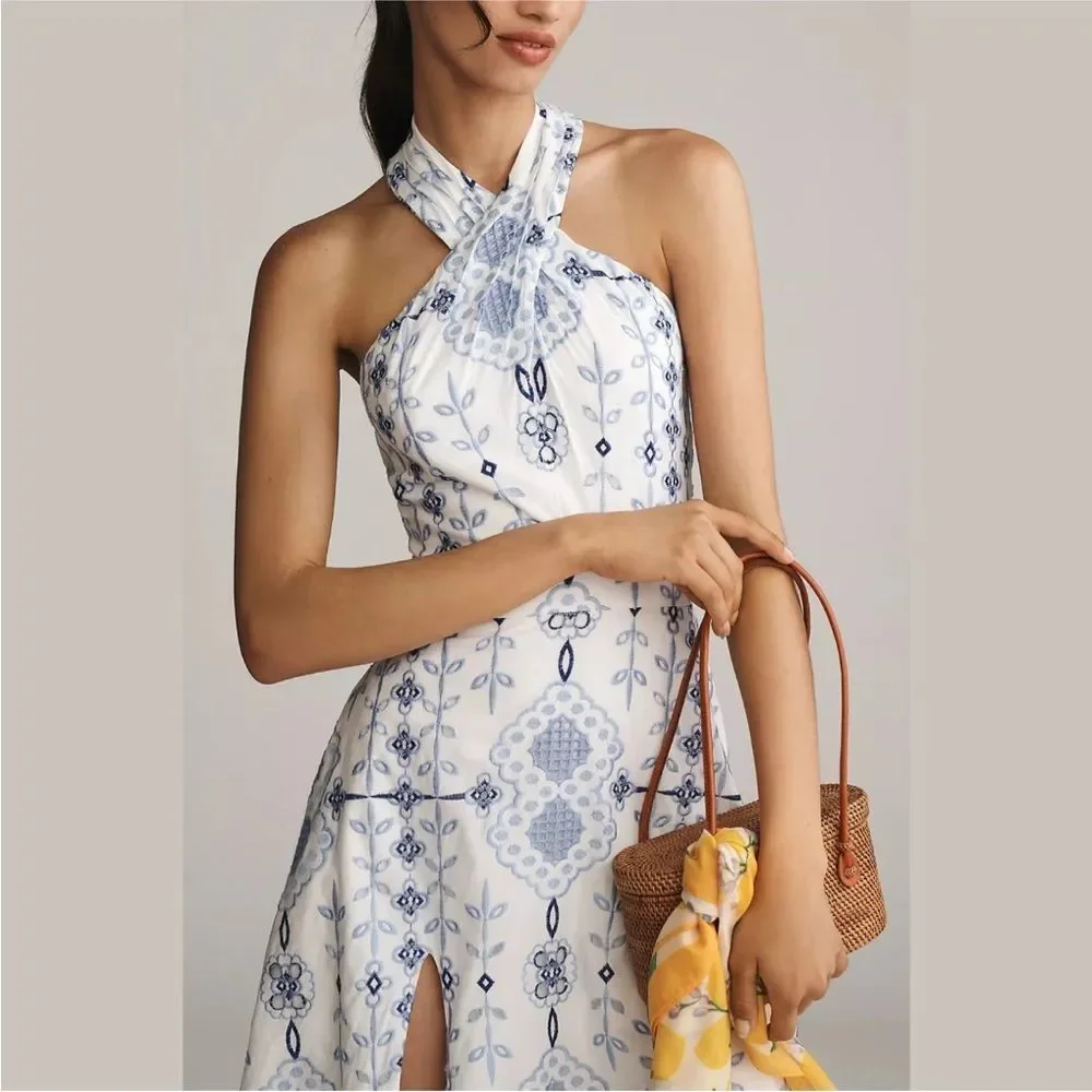 NEW Dress The Population Size Small Astoria Halter Embroidered Midi Dress White